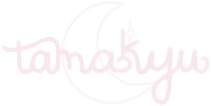 Logo, pink: reads "tamakyu" in handwritten letters across the outline of a crescent moon.